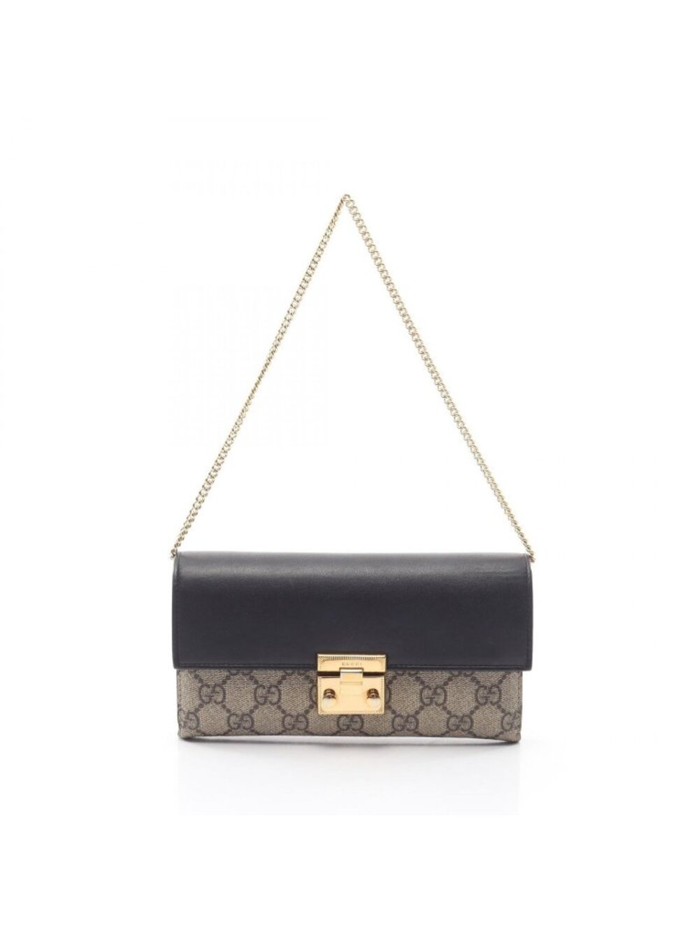 Gucci Handbag GG Supreme Chain Wallet Black Beige Leather